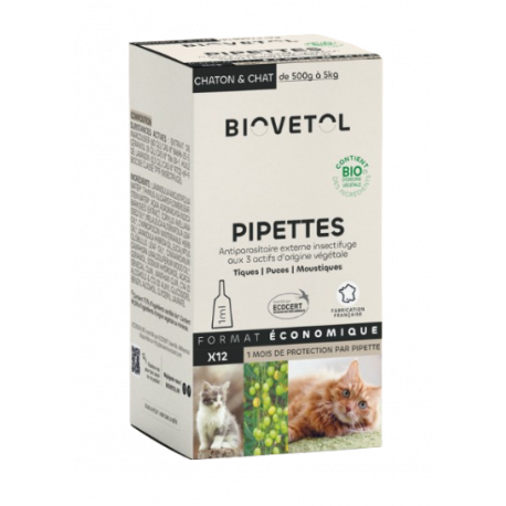 12 pipettes antiparasitaires biovétol pour Chat / Chaton