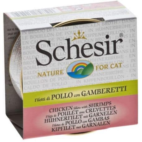 Boïte pour chat Schesir poulet et crevette en bouillon 70gr